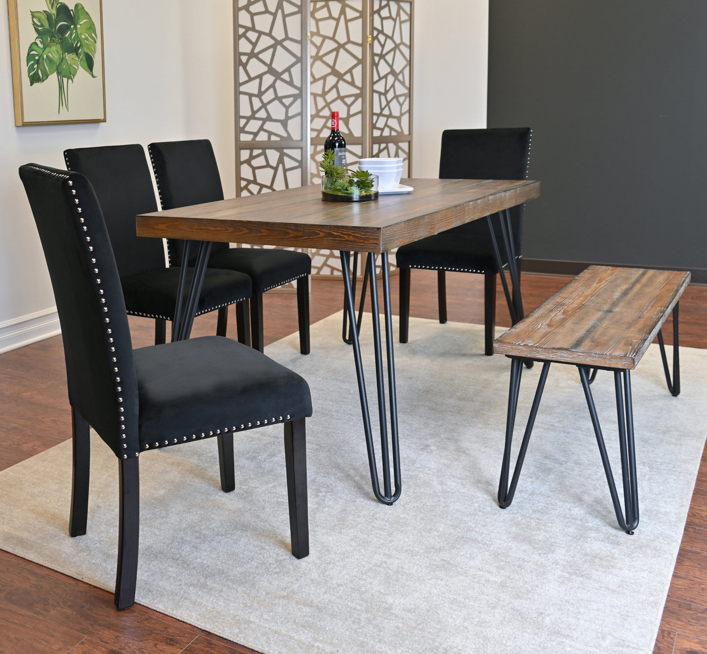 Roundhill Furniture Ashzo Dining Set, Hairpin Dining Table with 4 Chairs and Bench, 6-Piece