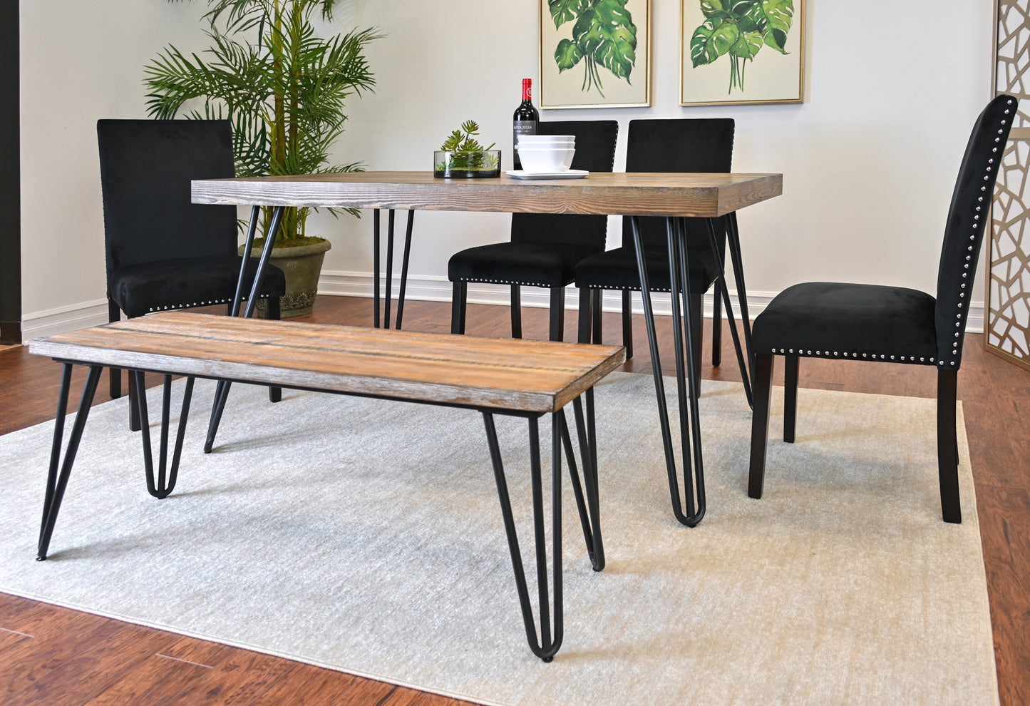 Roundhill Furniture Ashzo Dining Set, Hairpin Dining Table with 4 Chairs and Bench, 6-Piece