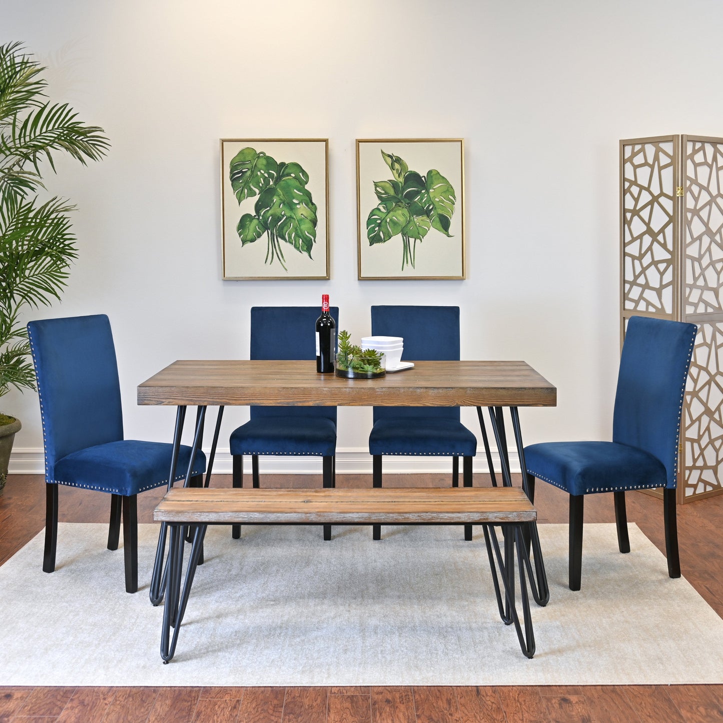 Roundhill Furniture Ashzo Dining Set, Hairpin Dining Table with 4 Chairs and Bench, 6-Piece