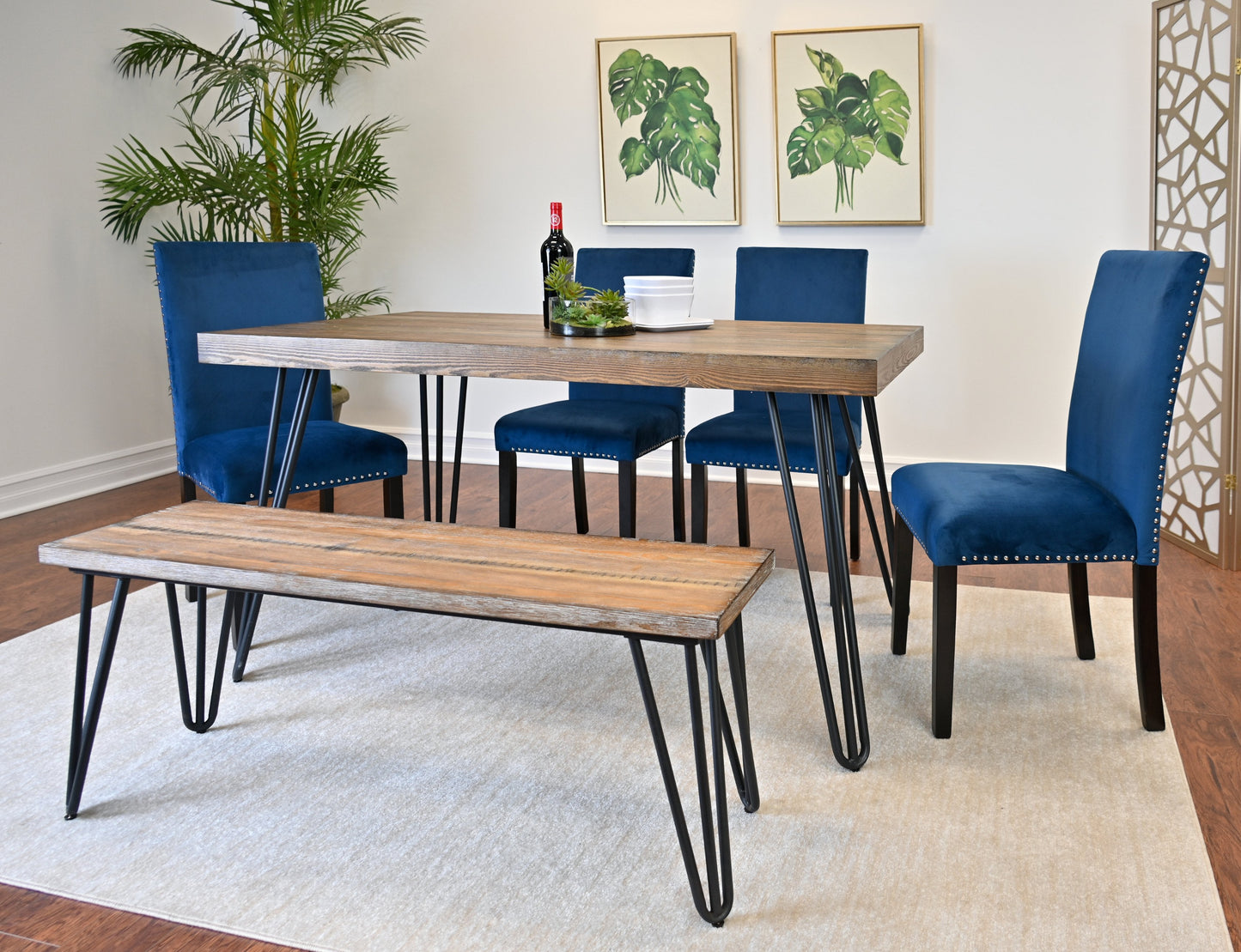 Roundhill Furniture Ashzo Dining Set, Hairpin Dining Table with 4 Chairs and Bench, 6-Piece