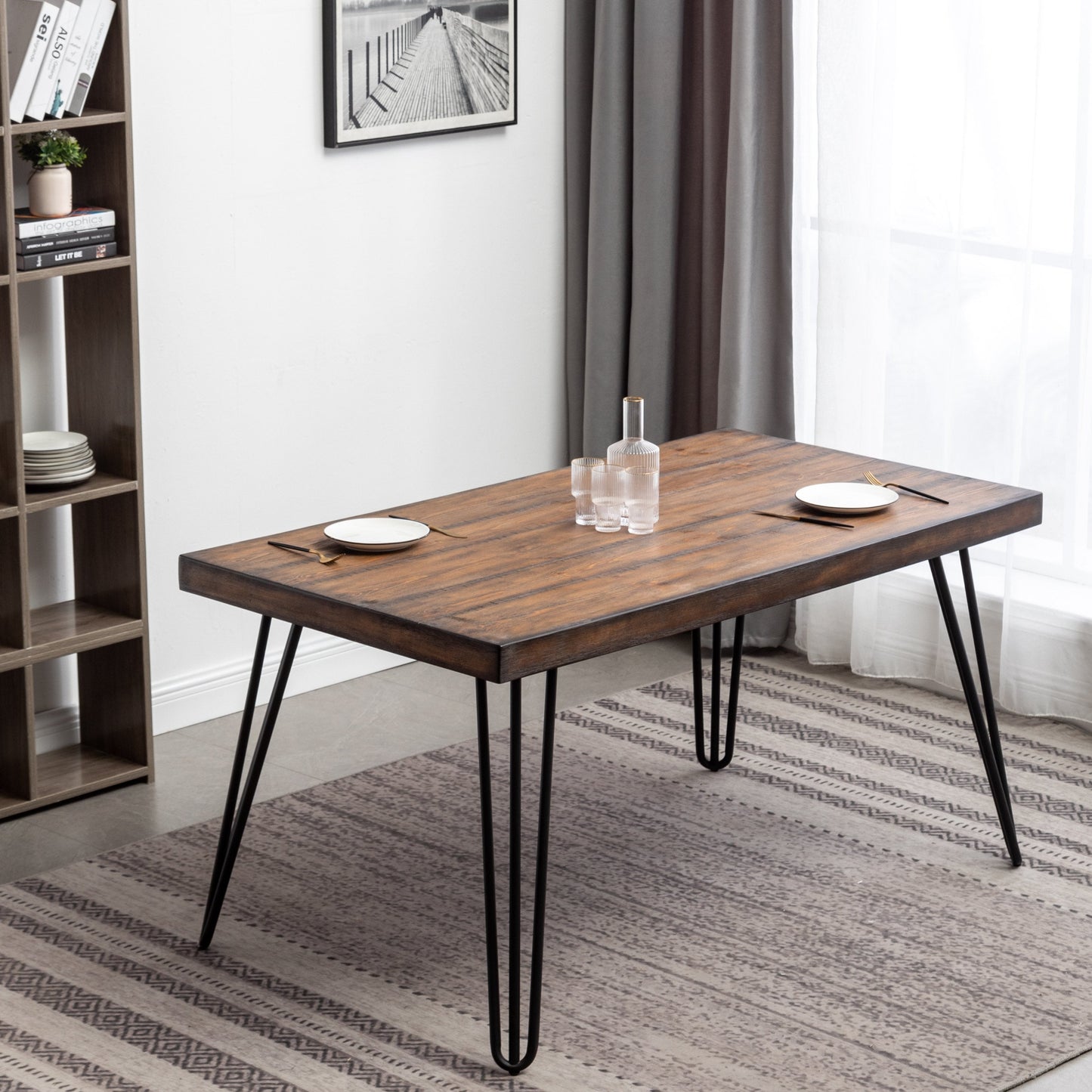 Roundhill Furniture Ashzo Dining Set, Hairpin Dining Table with 4 Chairs and Bench, 6-Piece