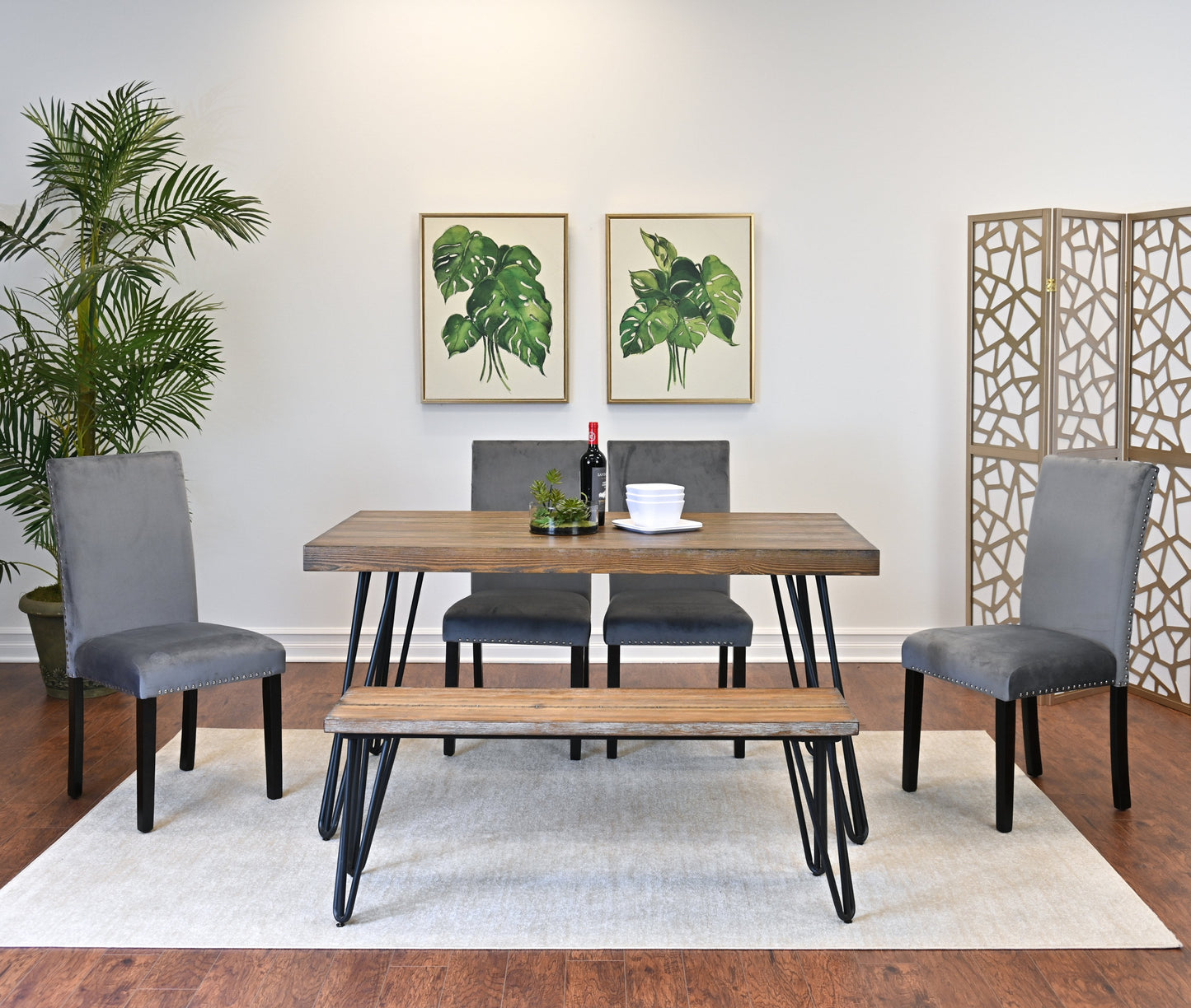 Roundhill Furniture Ashzo Dining Set, Hairpin Dining Table with 4 Chairs and Bench, 6-Piece