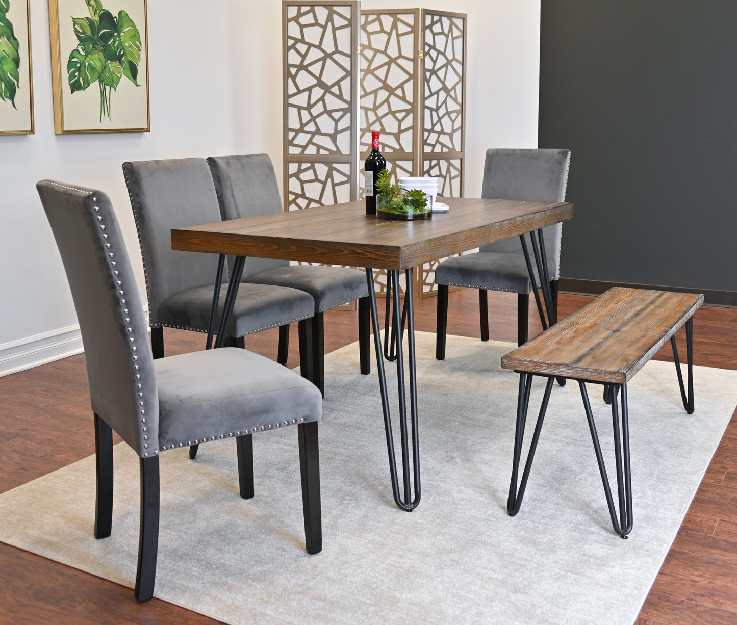 Roundhill Furniture Ashzo Dining Set, Hairpin Dining Table with 4 Chairs and Bench, 6-Piece