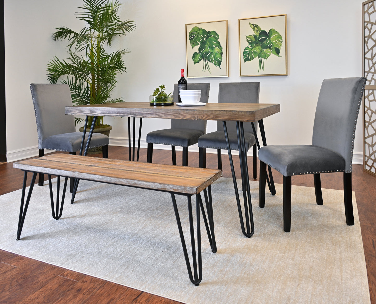 Roundhill Furniture Ashzo Dining Set, Hairpin Dining Table with 4 Chairs and Bench, 6-Piece