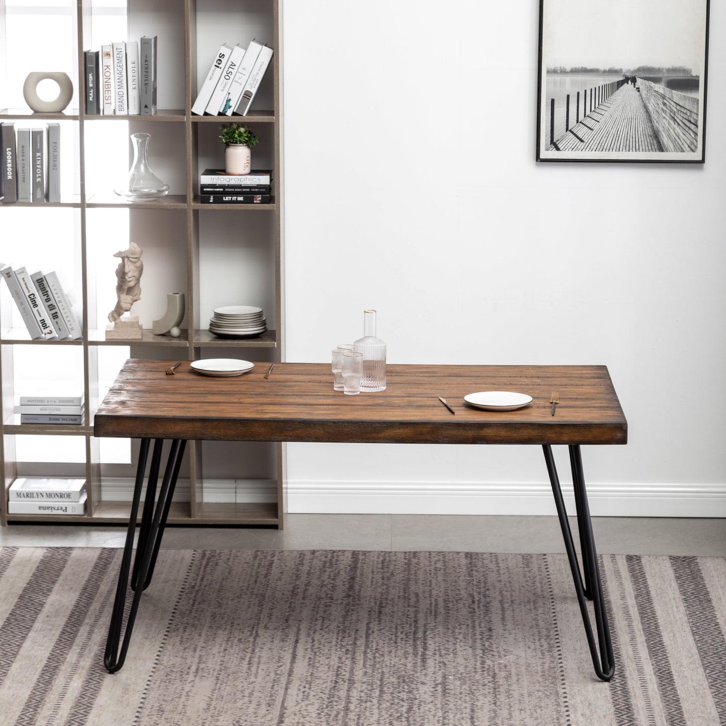 Roundhill Furniture Aryven Industrial Metal Hairpin Design Dining Table, Rustic Dark Pine