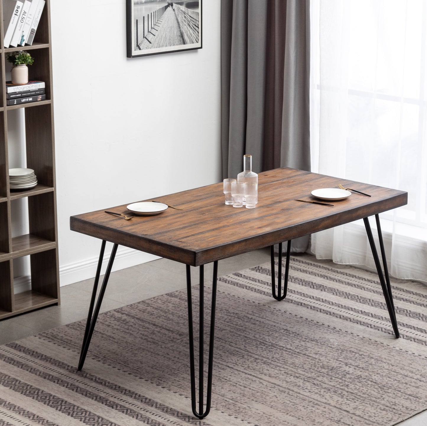 Roundhill Furniture Aryven Industrial Metal Hairpin Design Dining Table, Rustic Dark Pine