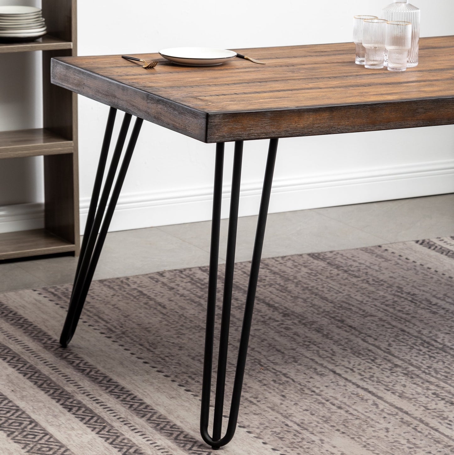 Roundhill Furniture Aryven Industrial Metal Hairpin Design Dining Table, Rustic Dark Pine
