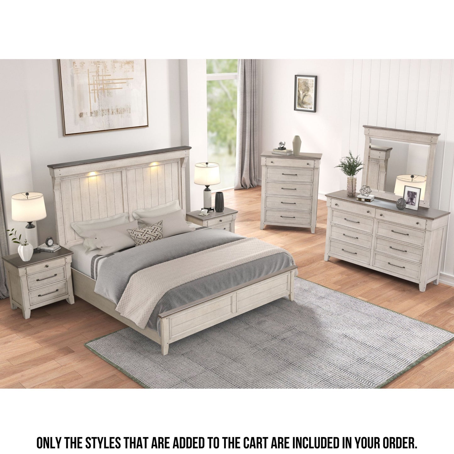 Walcott Bedroom Collection with Touch LED Lighting, Weathered Dusty-taupe Finish