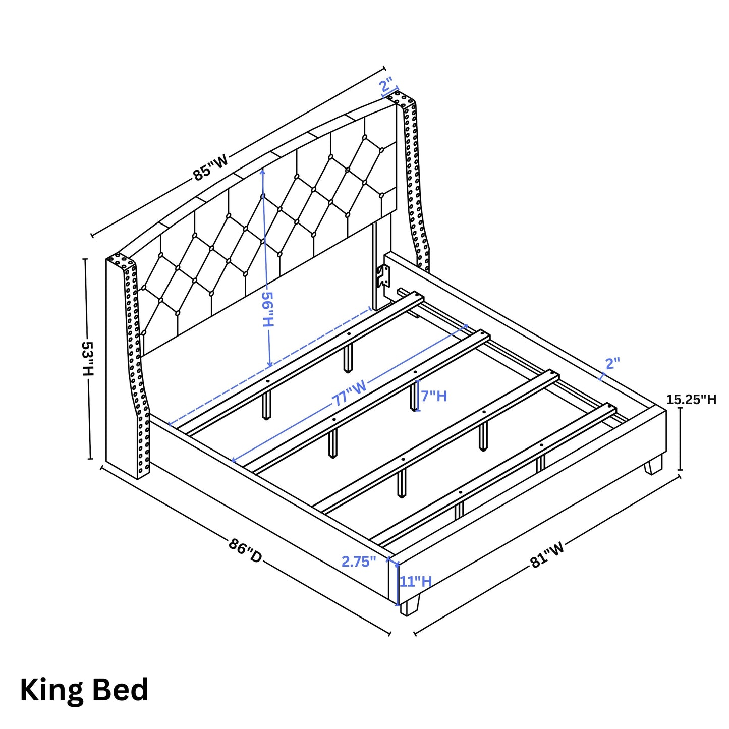 Astral 3-Piece Upholstered Bedroom Set, Tufted Wingback Bed with Two Nightstands