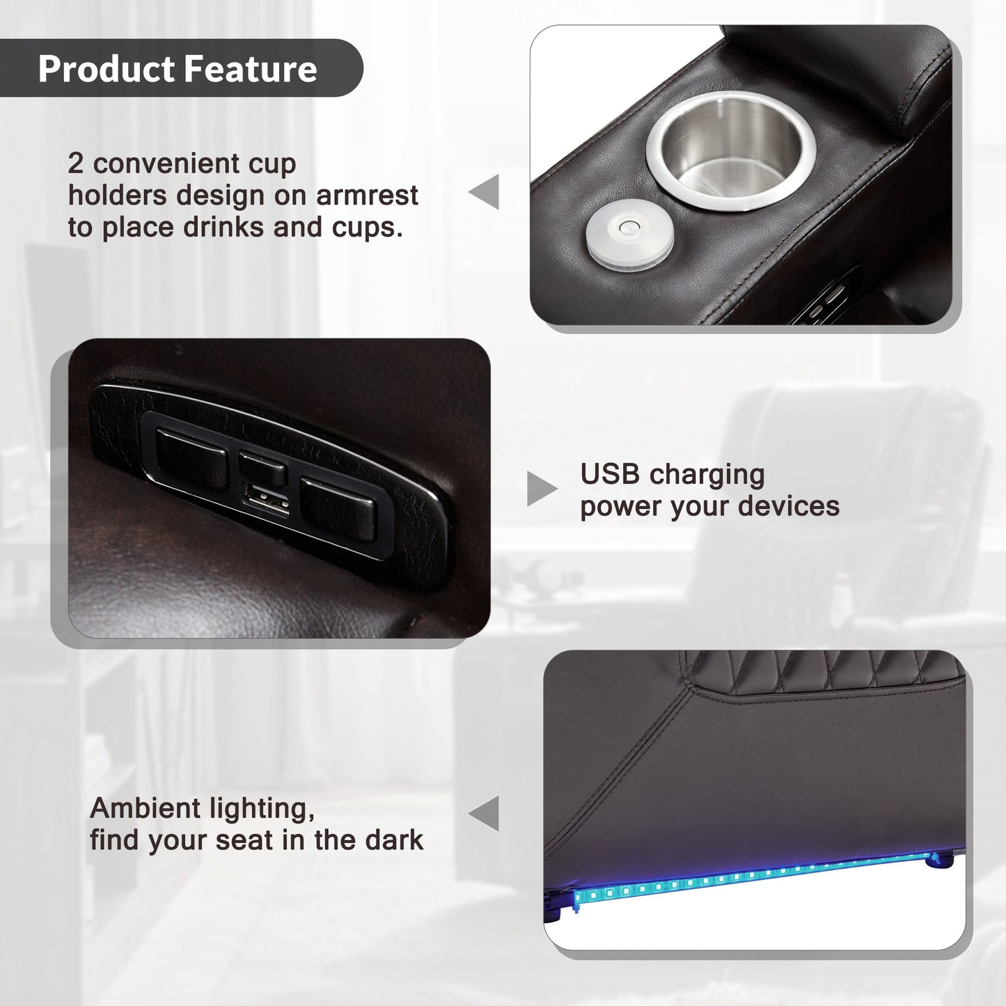 Power Motion Recliner with USB Charging Port and Hidden Arm Storage 2 Convenient Cup Holders Design and 360?? Swivel Tray Table, Black