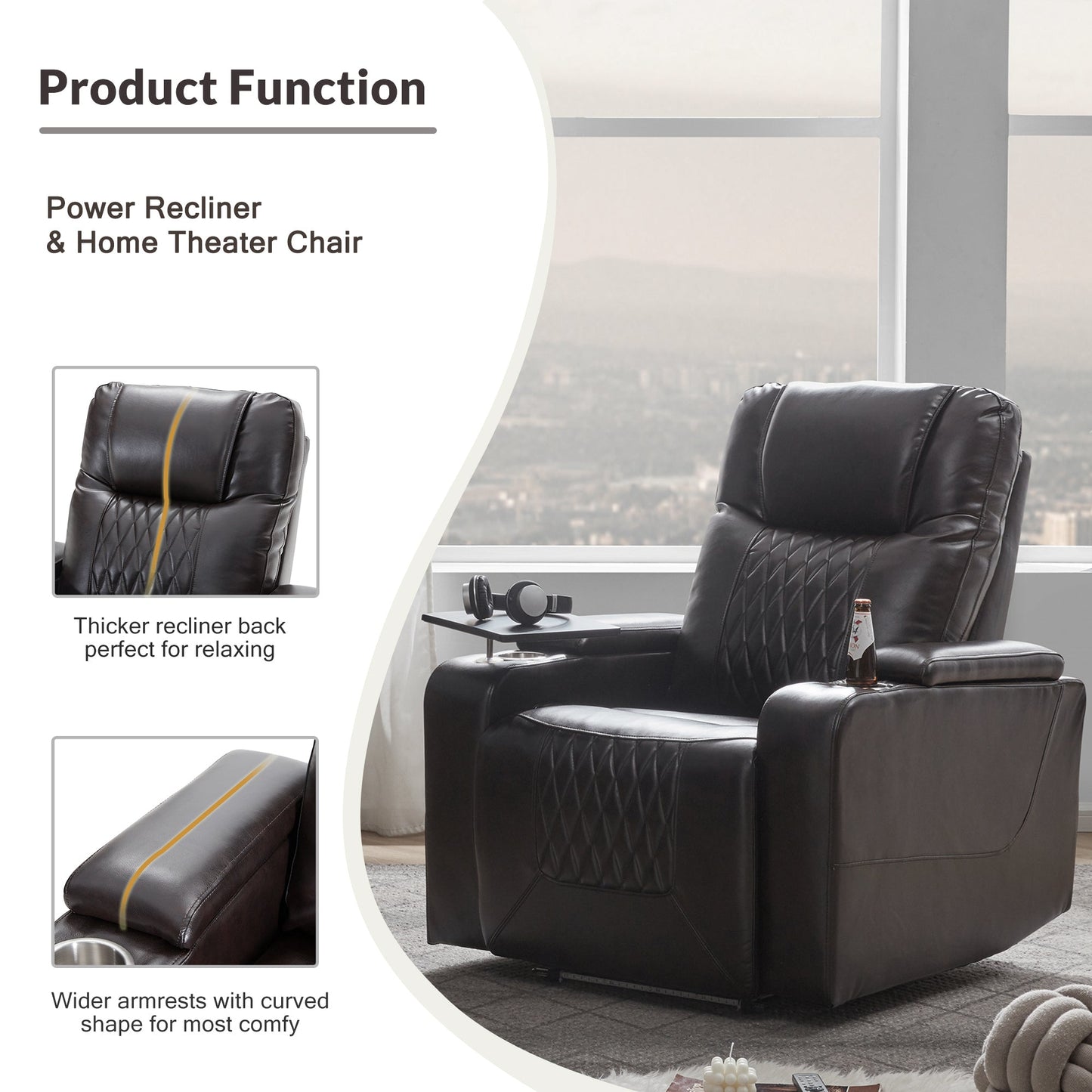 Power Motion Recliner with USB Charging Port and Hidden Arm Storage 2 Convenient Cup Holders Design and 360?? Swivel Tray Table, Black
