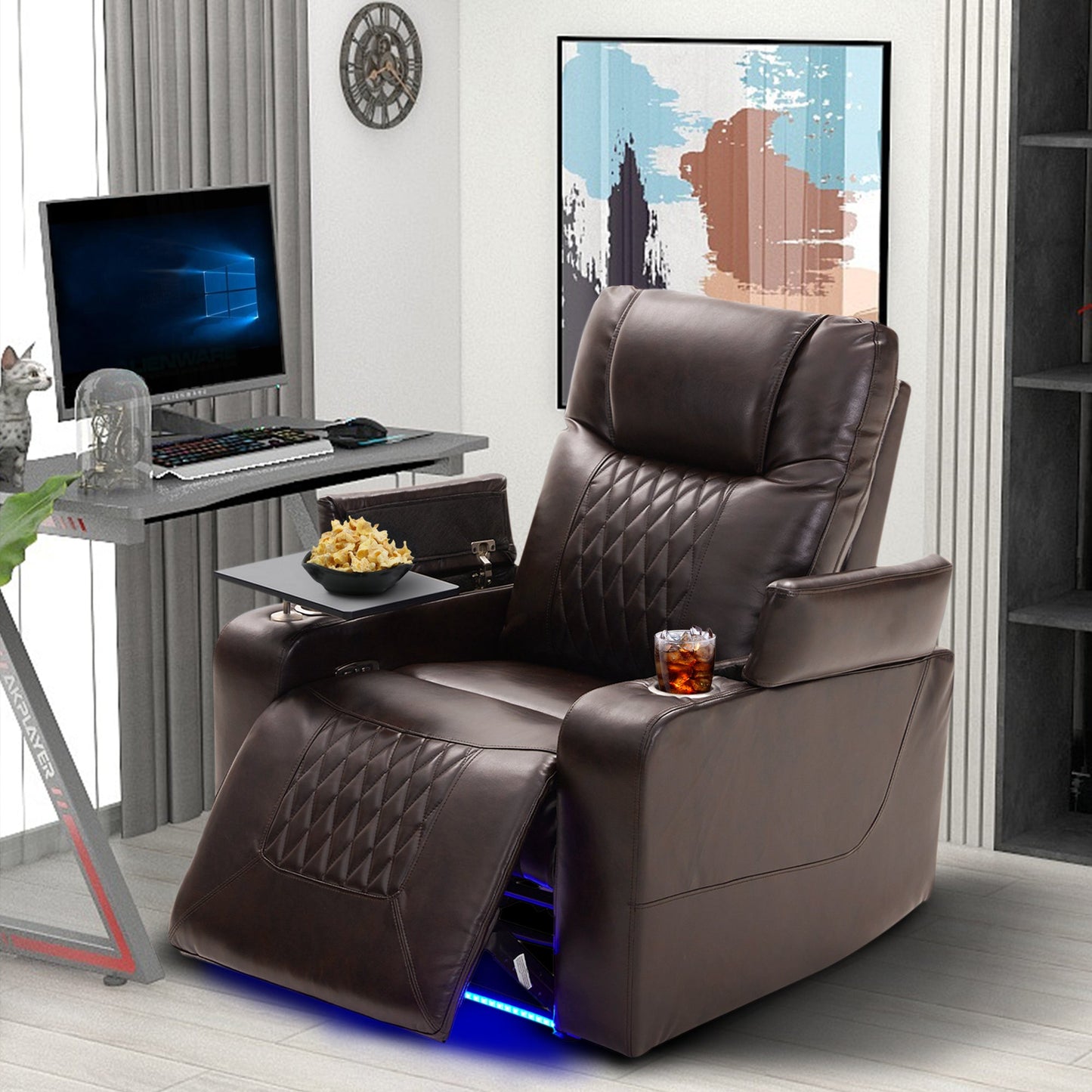 Power Motion Recliner with USB Charging Port and Hidden Arm Storage 2 Convenient Cup Holders Design and 360?? Swivel Tray Table, Brown