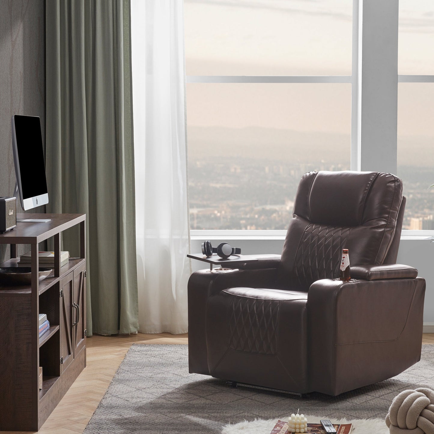 Power Motion Recliner with USB Charging Port and Hidden Arm Storage 2 Convenient Cup Holders Design and 360?? Swivel Tray Table, Brown