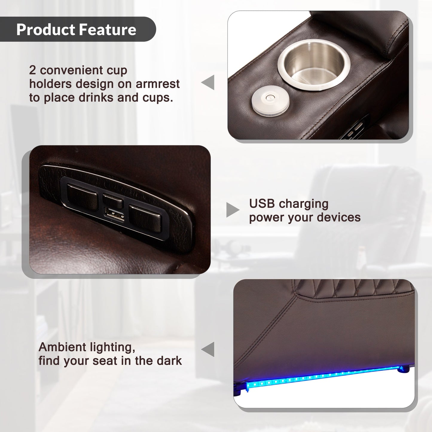 Power Motion Recliner with USB Charging Port and Hidden Arm Storage 2 Convenient Cup Holders Design and 360?? Swivel Tray Table, Brown