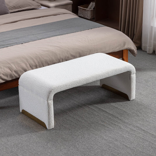 Boucle Fabric Footstool Bedroom Bench Shoe Bench With Gold Metal Legs, Ivory White