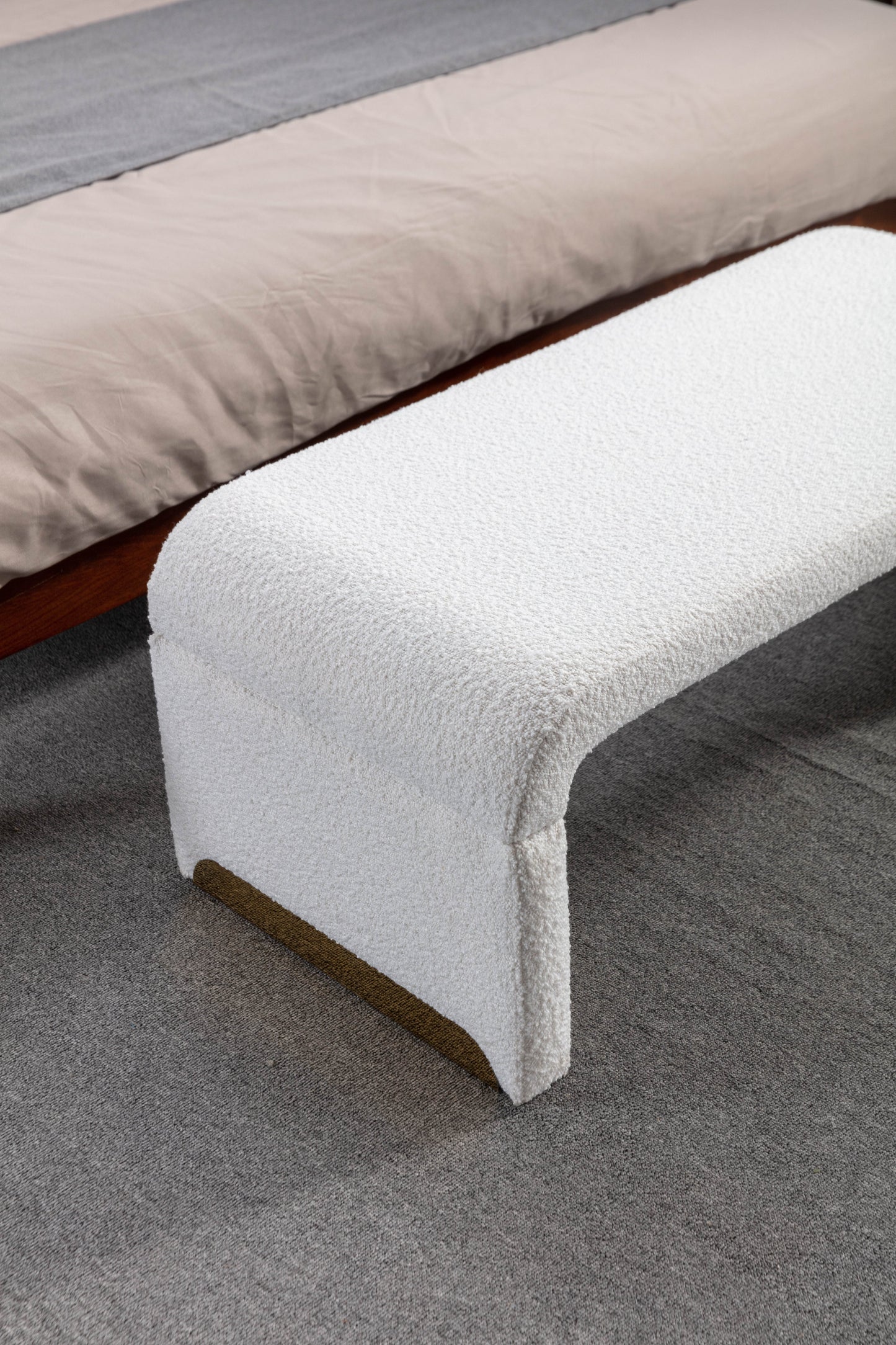Boucle Fabric Footstool Bedroom Bench Shoe Bench With Gold Metal Legs, Ivory White