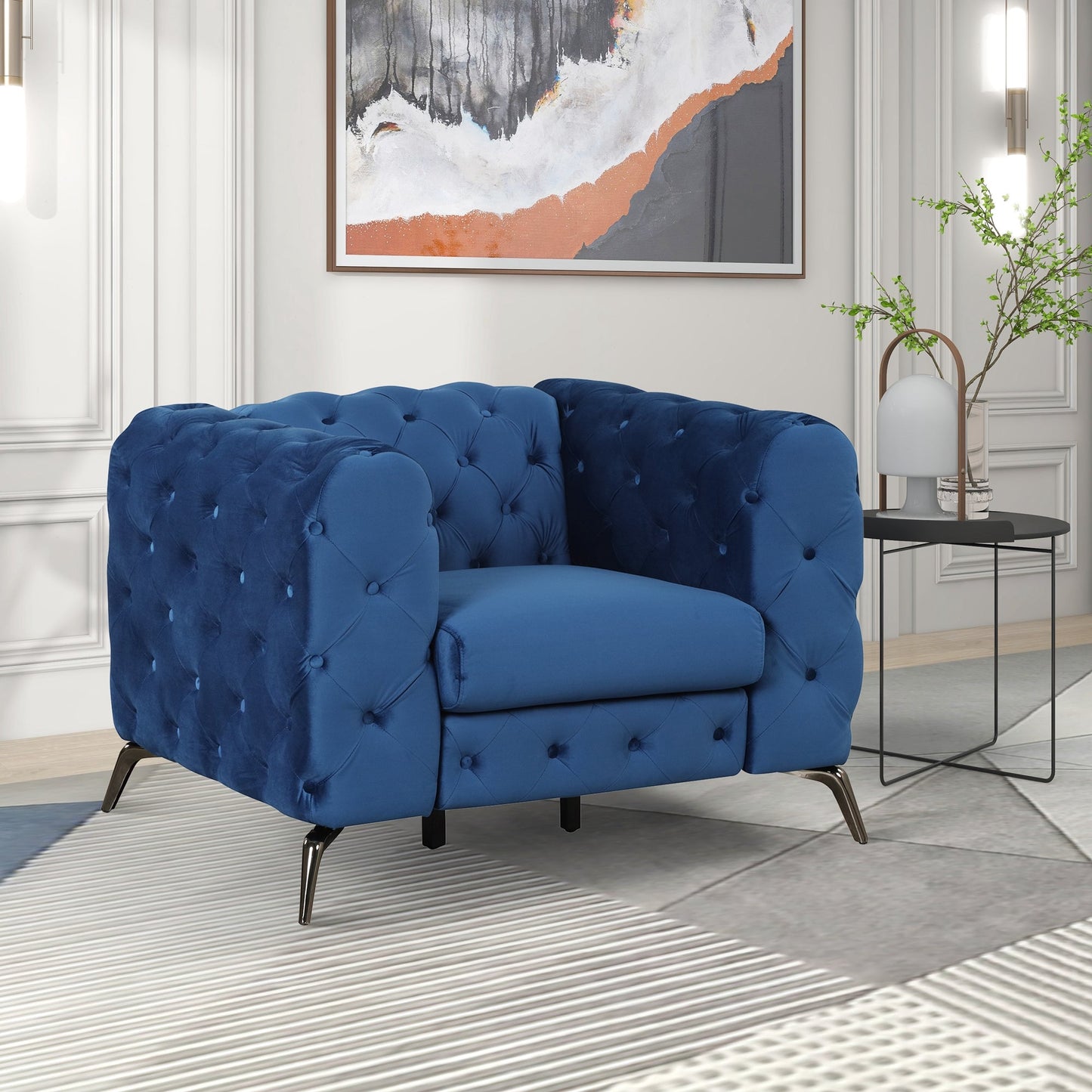 Velvet Upholstered Accent Chair with Button Tufted Back, Ideal for Living Room, Bedroom, or Small Spaces - 40.5 Inch, Blue