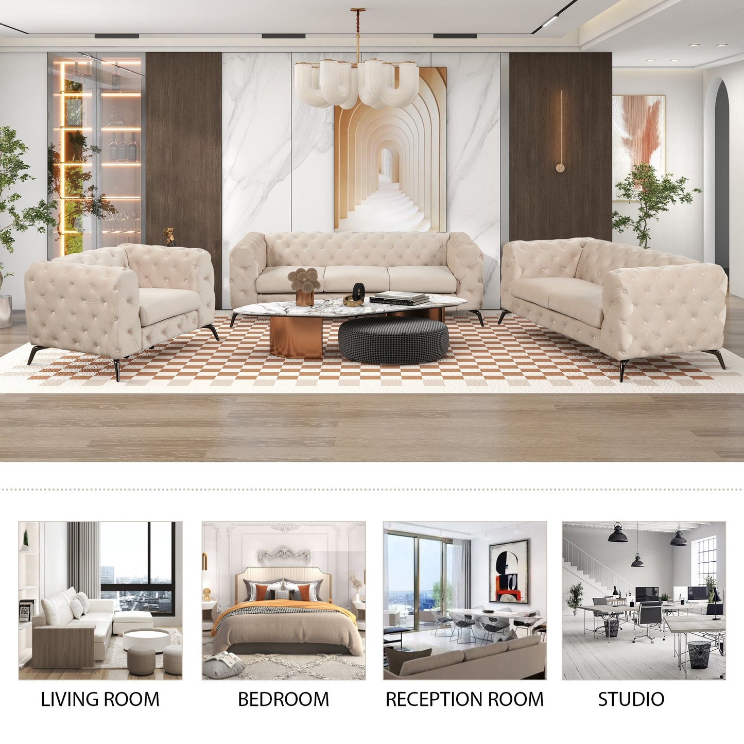 Velvet Upholstered Accent Chair with Button Tufted Back, Ideal for Living Room, Bedroom, or Small Spaces - 40.5 Inch, Beige