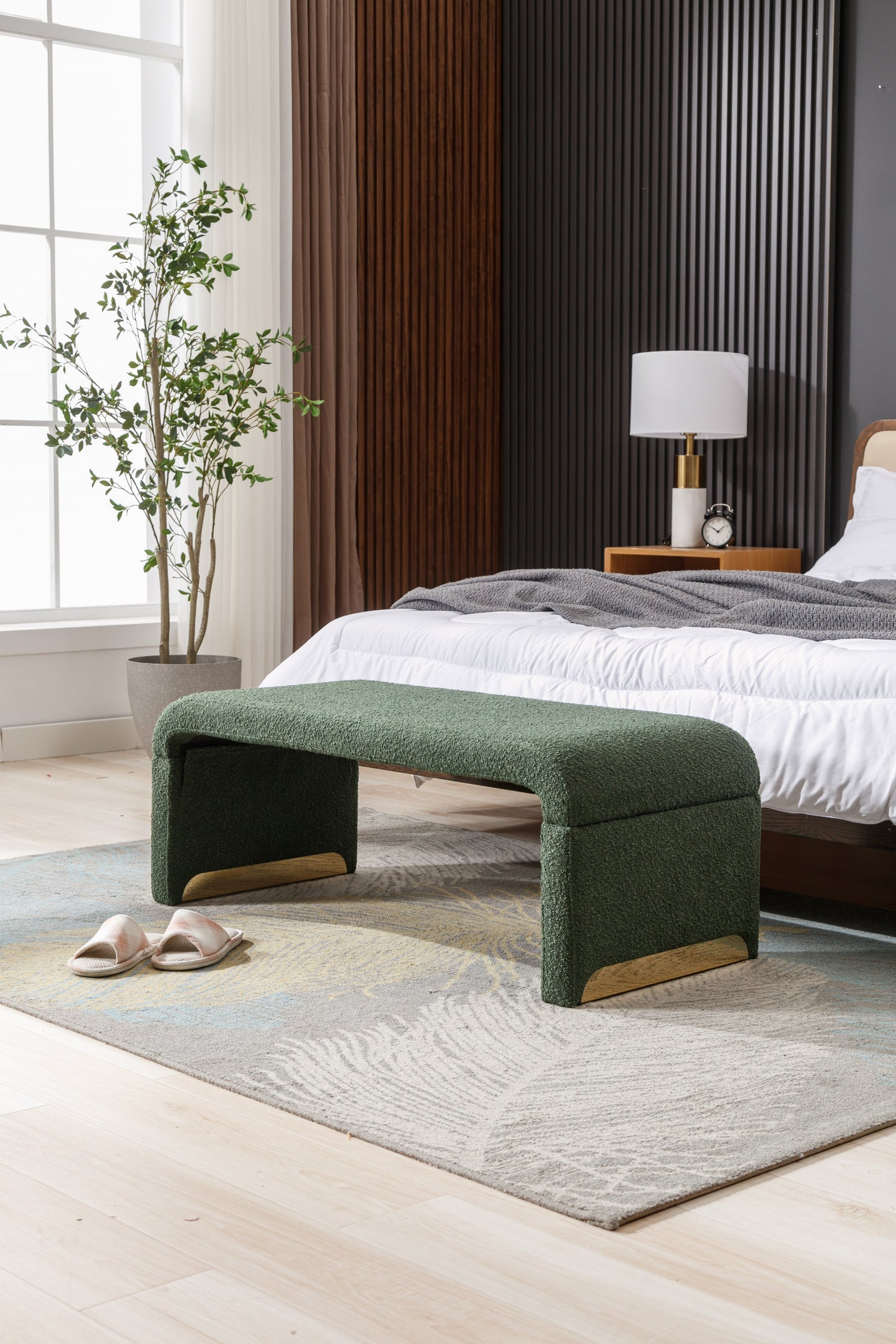 Boucle Fabric Footstool Bedroom Bench Shoe Bench With Gold Metal Legs,Green