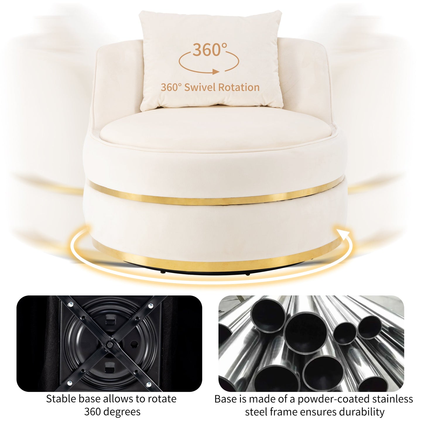 360 Degree Swivel Velvet Accent Chair, Barrel Chair Over-Sized Soft Chair with Seat Cushion, Beige