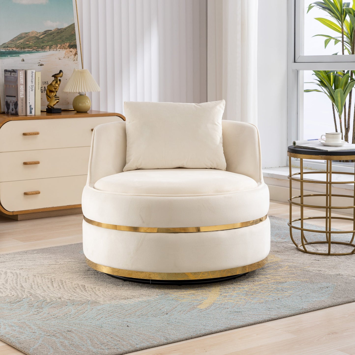 360 Degree Swivel Velvet Accent Chair, Barrel Chair Over-Sized Soft Chair with Seat Cushion, Beige