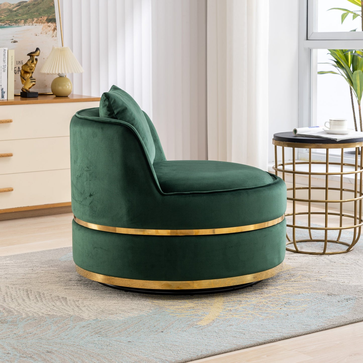 360 Degree Swivel Velvet Accent Chair, Barrel Chair Over-Sized Soft Chair with Seat Cushion, Green