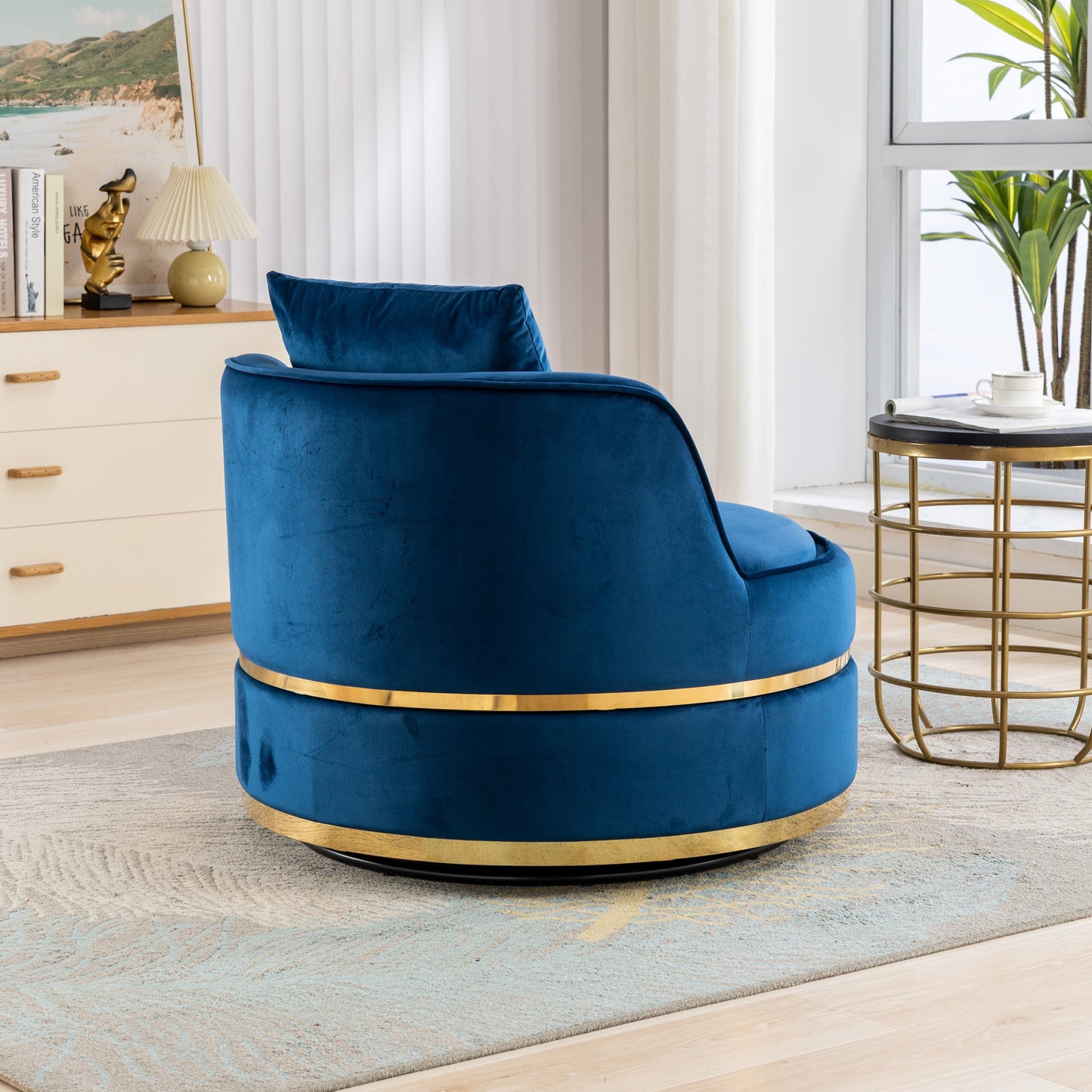 360 Degree Swivel Velvet Accent Chair, Barrel Chair Over-Sized Soft Chair with Seat Cushion, Blue