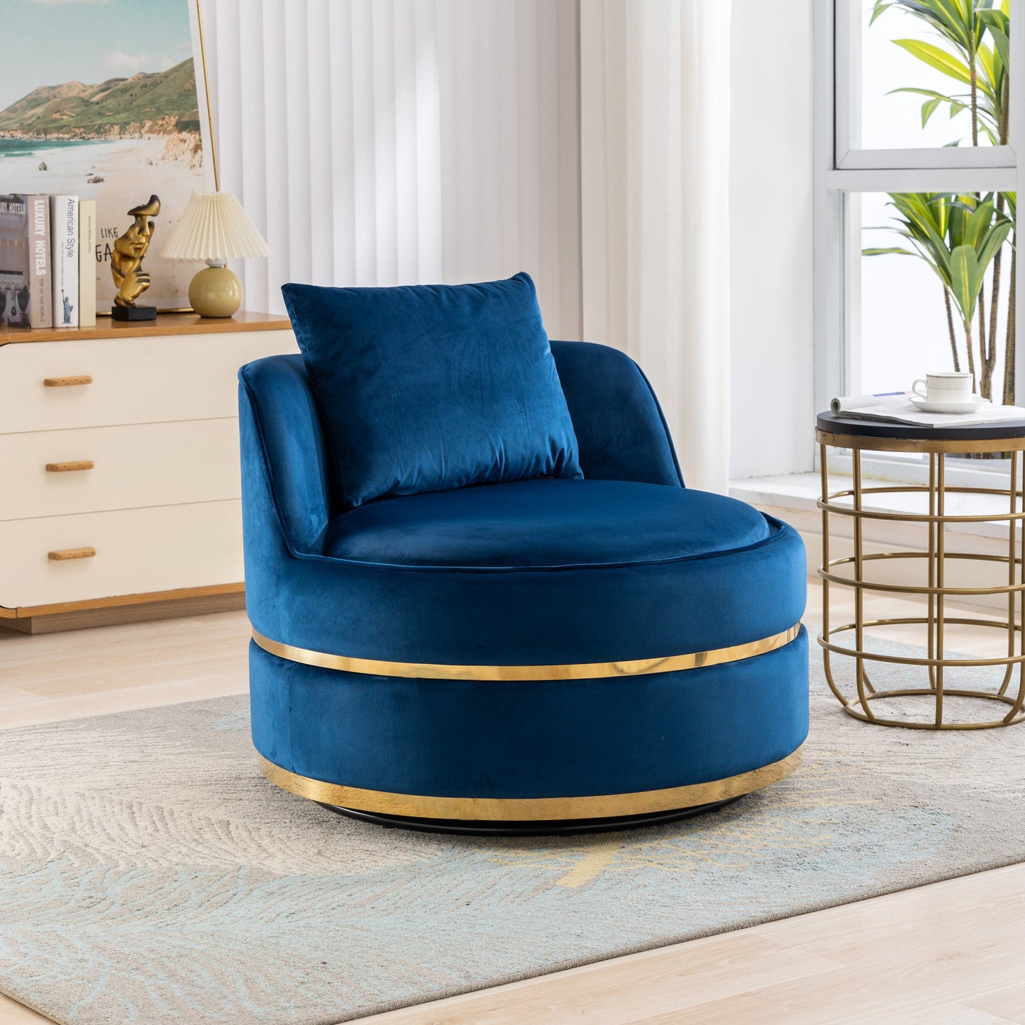 360 Degree Swivel Velvet Accent Chair, Barrel Chair Over-Sized Soft Chair with Seat Cushion, Blue