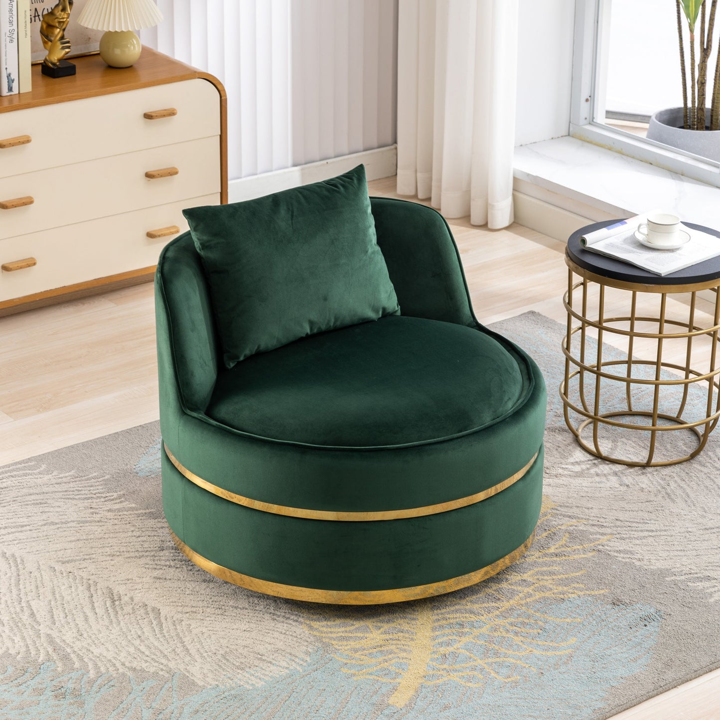 360 Degree Swivel Velvet Accent Chair, Barrel Chair Over-Sized Soft Chair with Seat Cushion, Green