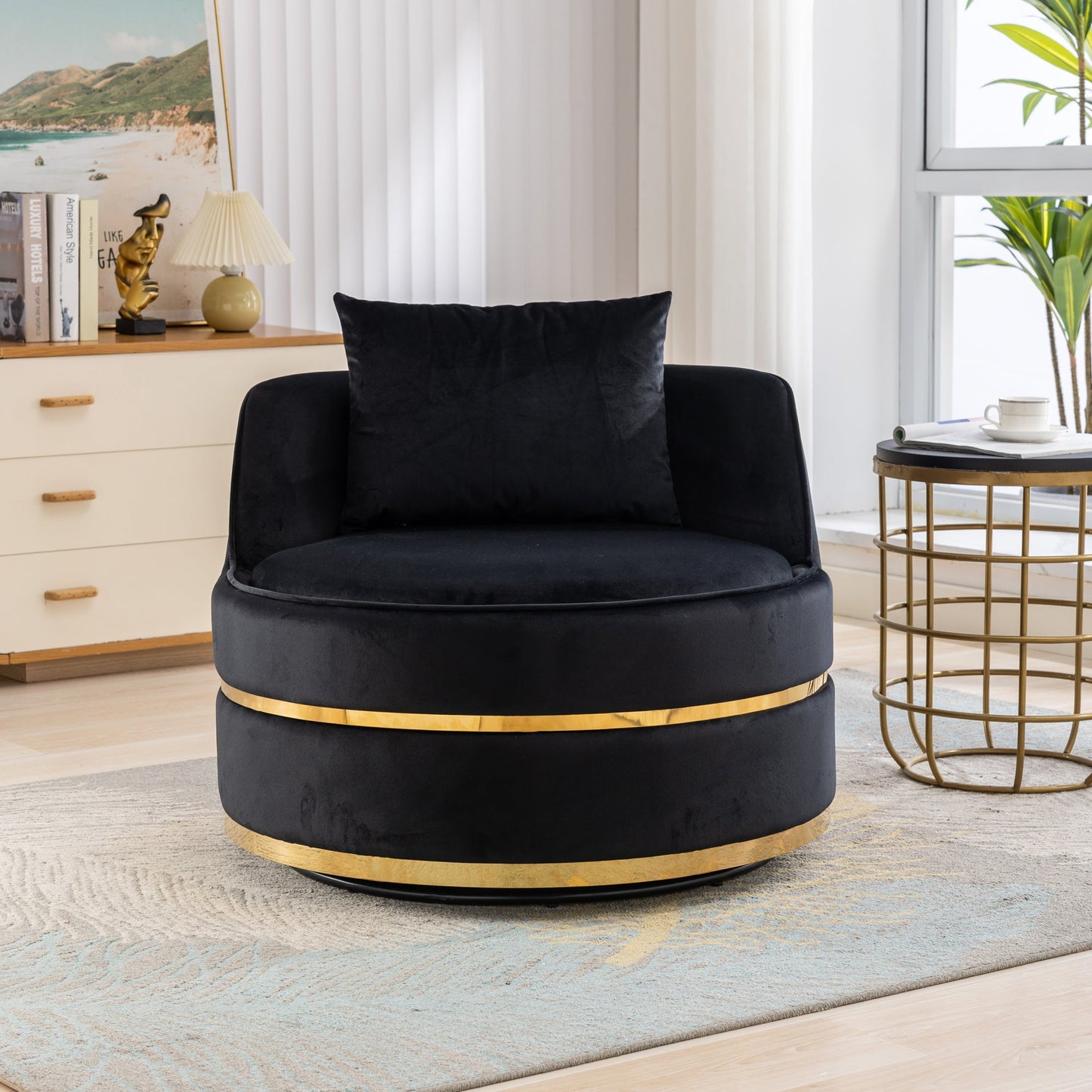 360 Degree Swivel Velvet Accent Chair, Barrel Chair Over-Sized Soft Chair with Seat Cushion, Black