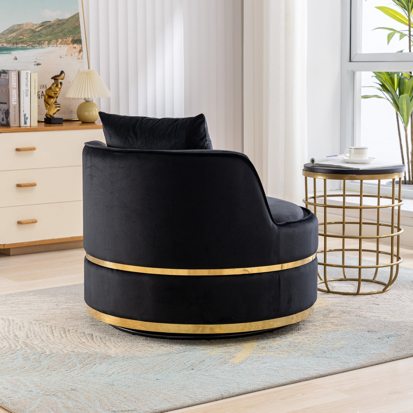 360 Degree Swivel Velvet Accent Chair, Barrel Chair Over-Sized Soft Chair with Seat Cushion, Black