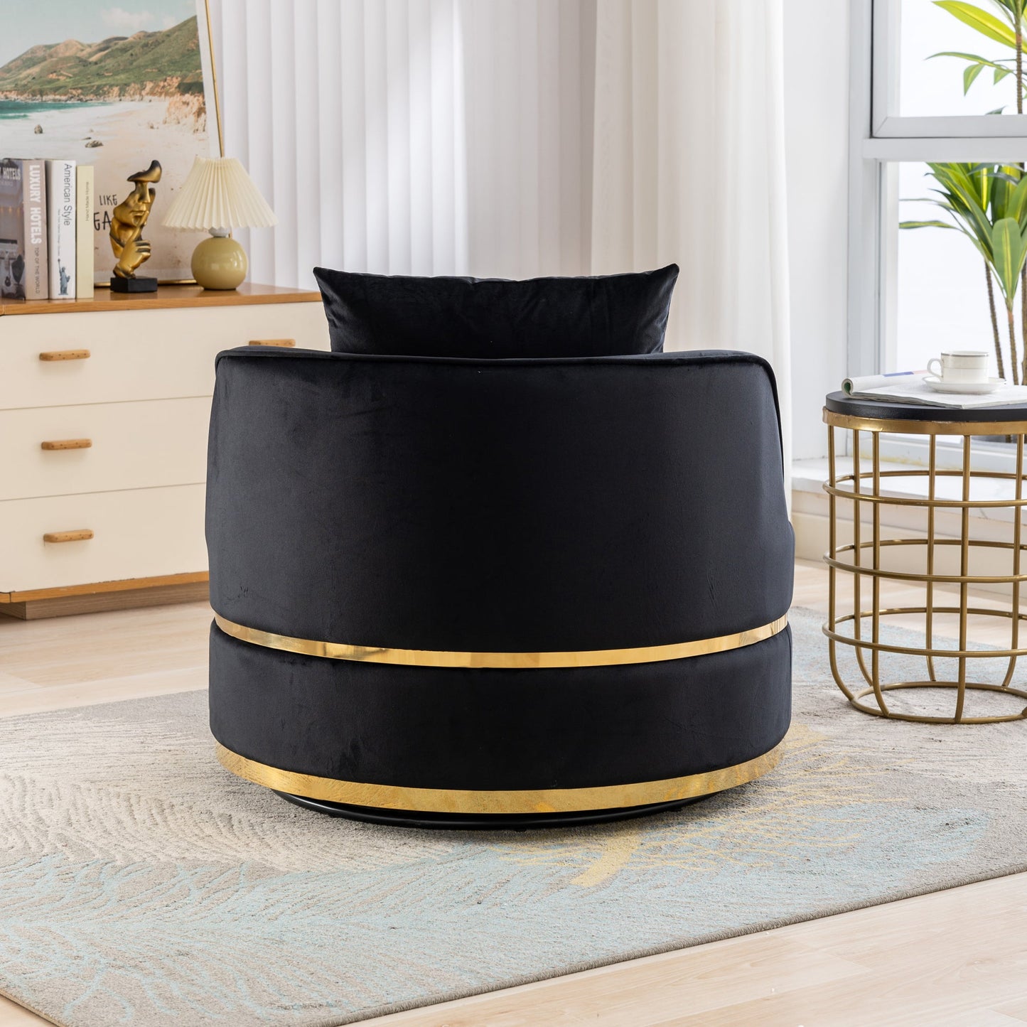 360 Degree Swivel Velvet Accent Chair, Barrel Chair Over-Sized Soft Chair with Seat Cushion, Black