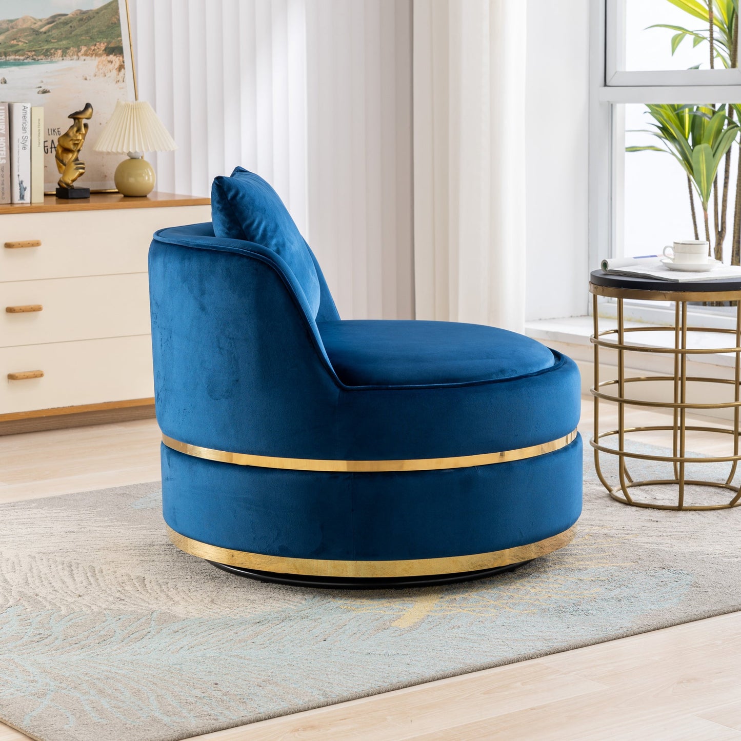360 Degree Swivel Velvet Accent Chair, Barrel Chair Over-Sized Soft Chair with Seat Cushion, Blue