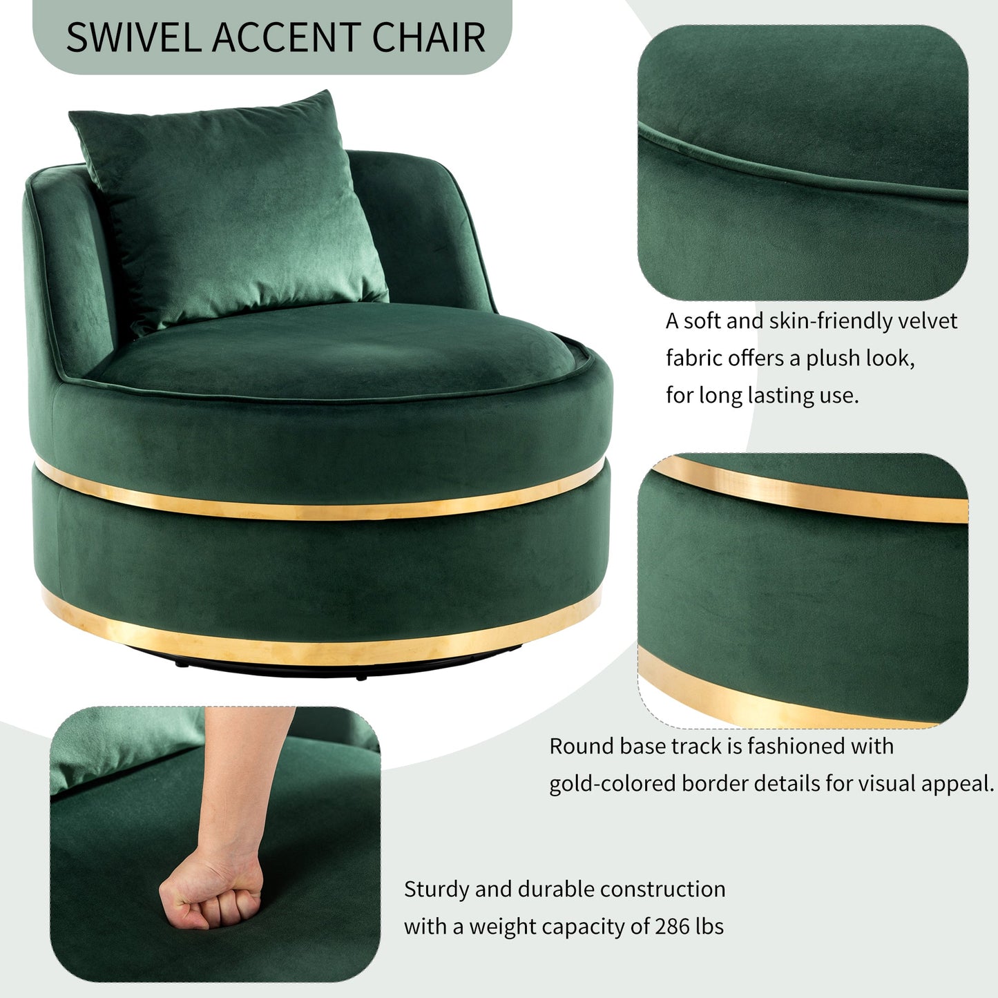 360 Degree Swivel Velvet Accent Chair, Barrel Chair Over-Sized Soft Chair with Seat Cushion, Green