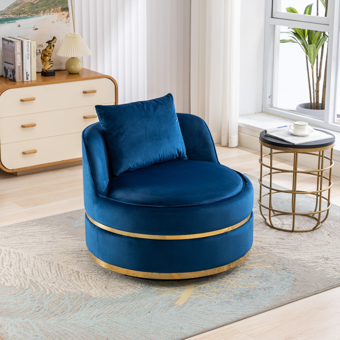 360 Degree Swivel Velvet Accent Chair, Barrel Chair Over-Sized Soft Chair with Seat Cushion, Blue