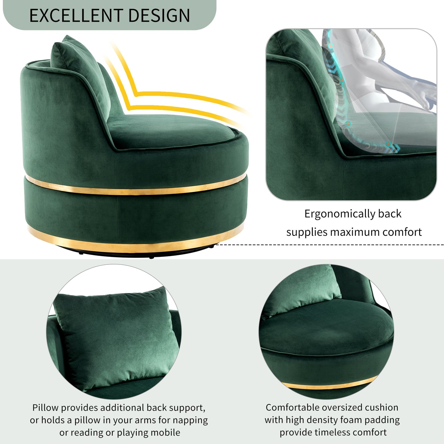 360 Degree Swivel Velvet Accent Chair, Barrel Chair Over-Sized Soft Chair with Seat Cushion, Green