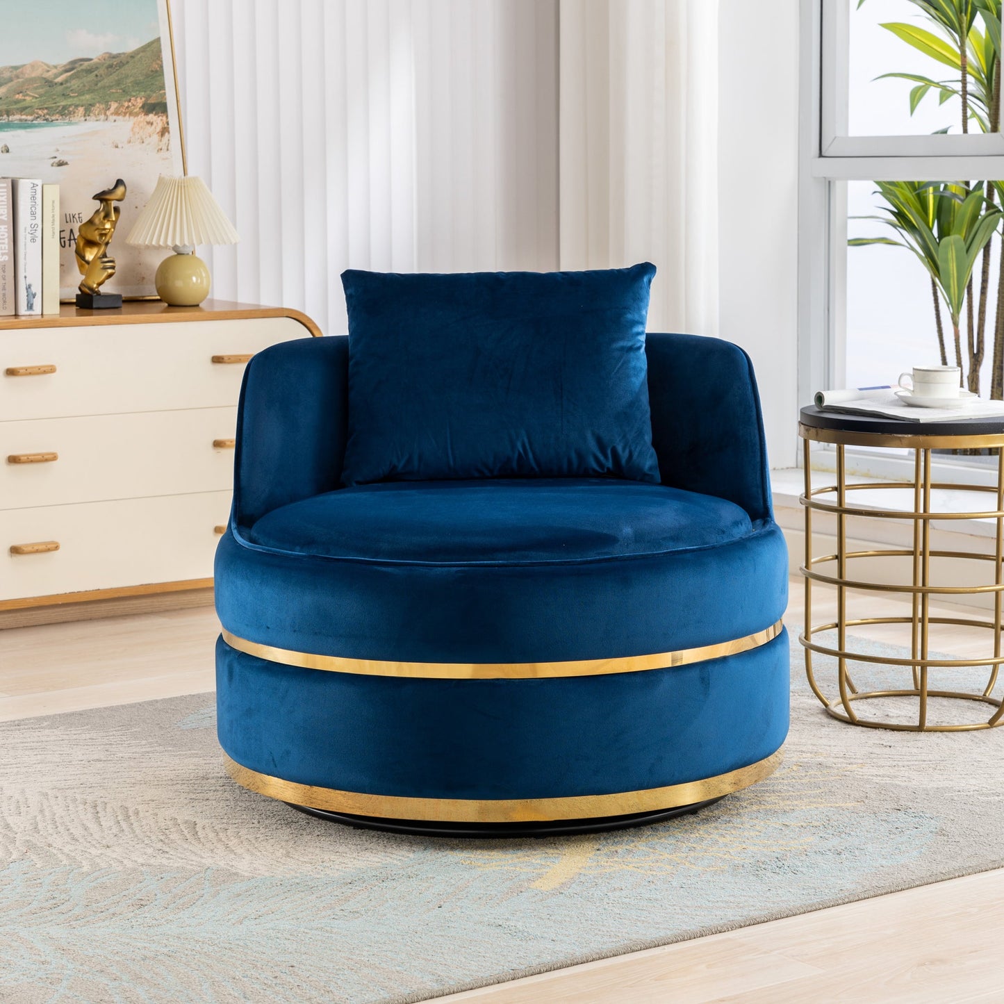 360 Degree Swivel Velvet Accent Chair, Barrel Chair Over-Sized Soft Chair with Seat Cushion, Blue