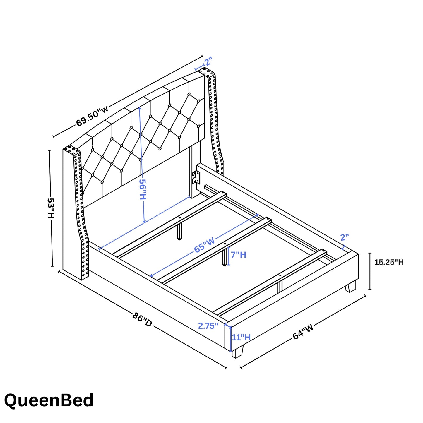 Summit Fabric Button Tufted Wingback Upholstered Bed with Nail Head Trim, Blue