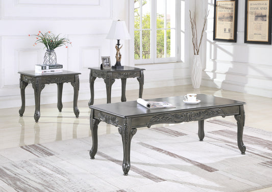 3Pc Grey Finish Wood Coffee & End Table Set