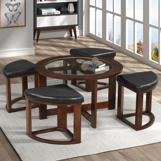 Roundhill Furniture Cylina Solid Wood Glass Top Round Coffee Table with 4 Stools