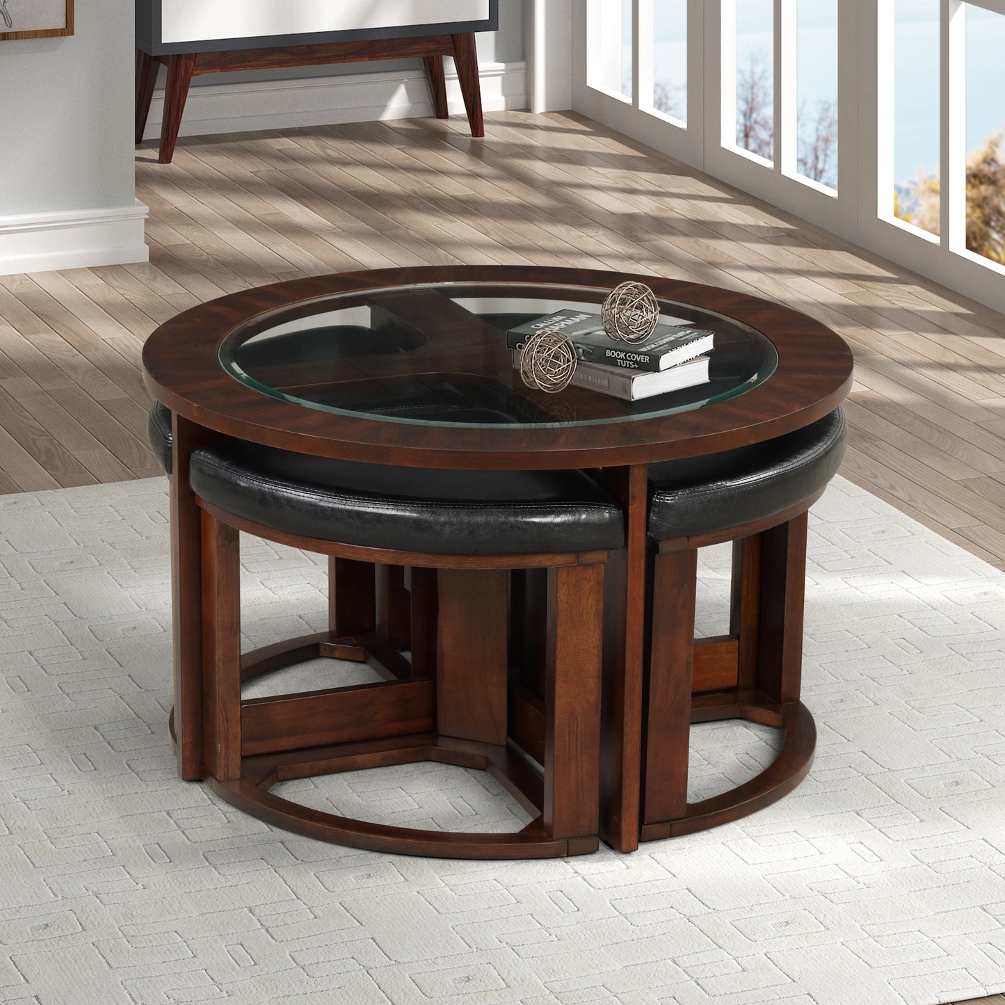 Roundhill Furniture Cylina Solid Wood Glass Top Round Coffee Table with 4 Stools