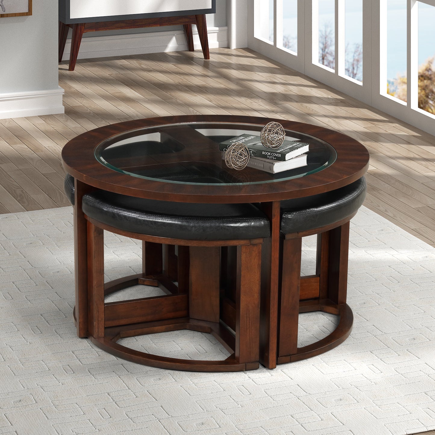 Solid Wood Glass Top Coffee Table with Stools