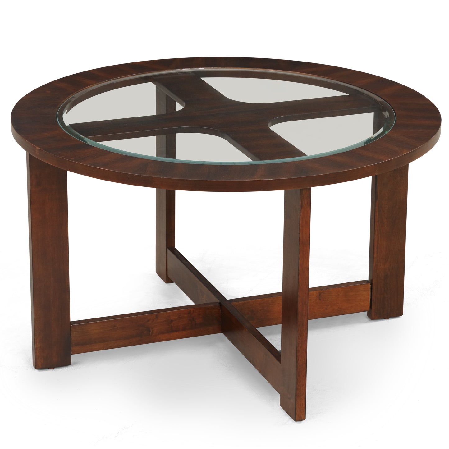 Roundhill Furniture Cylina Solid Wood Glass Top Round Coffee Table with 4 Stools