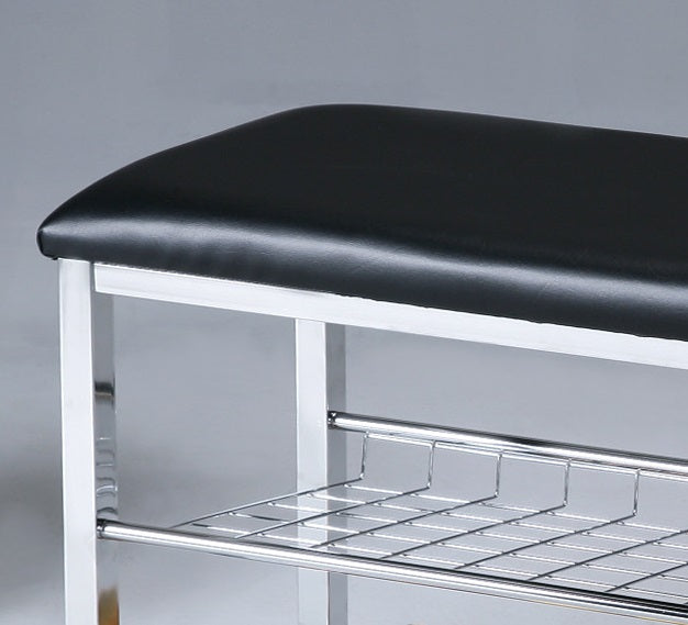 Metal Shoe Bench with Faux Leather Seat, Chrome and Black