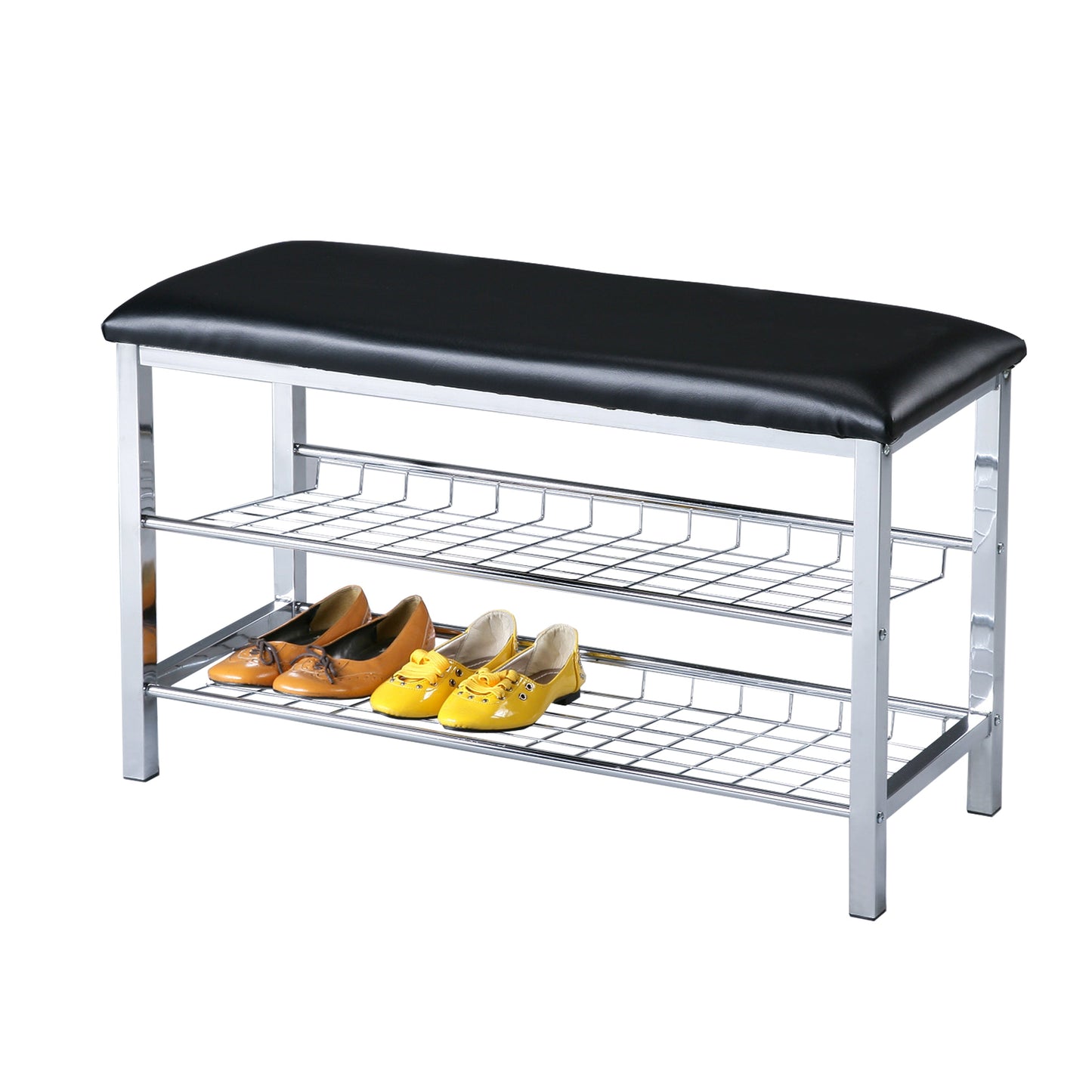 Metal Shoe Bench with Faux Leather Seat, Chrome and Black