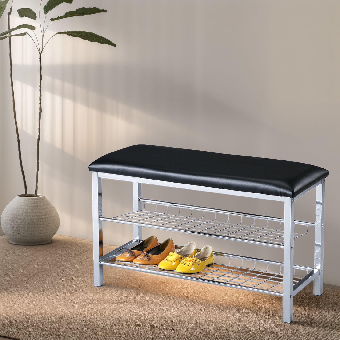 Roundhill Furniture Metal Shoe Bench with Faux Leather Seat, Chrome and Black