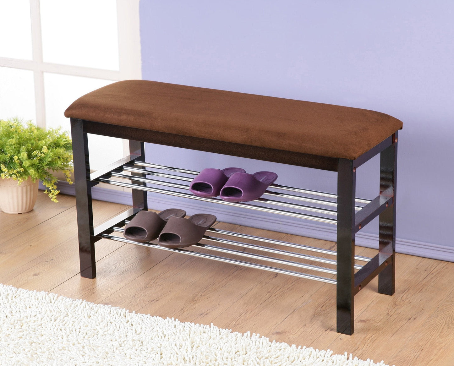 Roundhill Furniture Wood Shoe Bench with Chocolate Microfiber Seat, Black