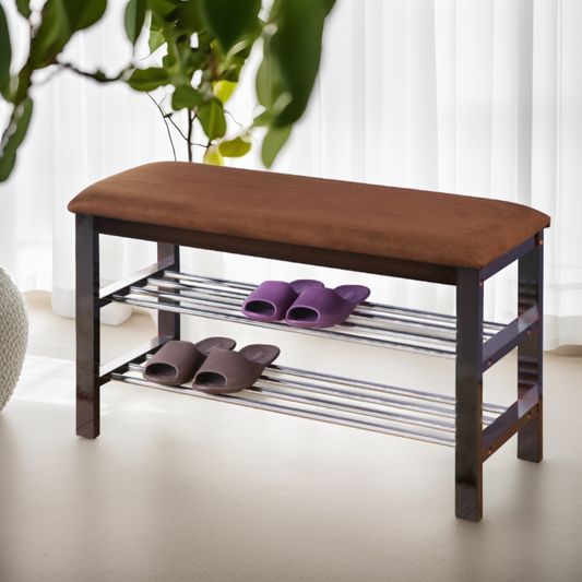 Dark Espresso Wood Shoe Bench with Chocolate Microfiber Seat