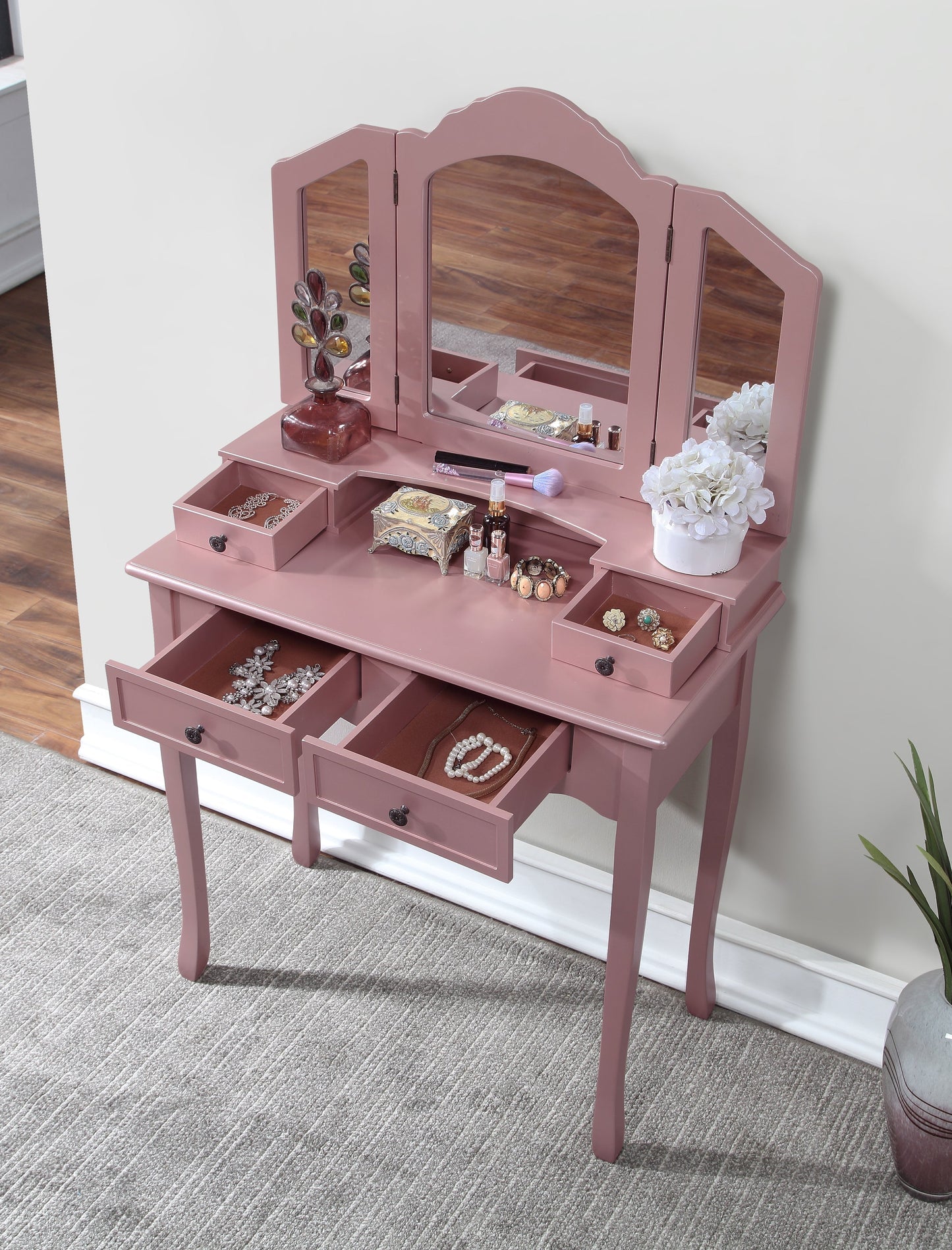 Roundhill Furniture Sanlo Wooden Make Up Table and Stool Set, Rose Gold