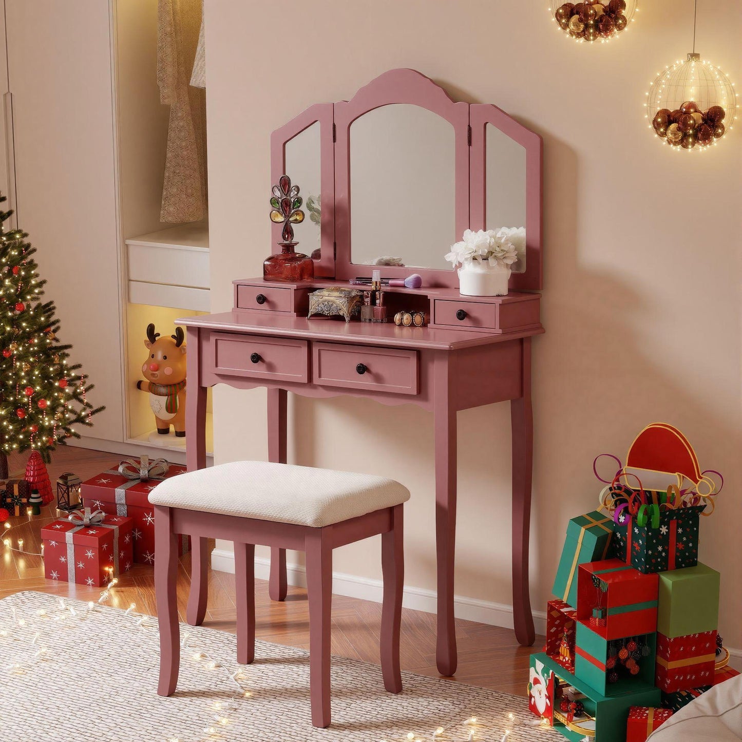 Sanlo Wooden Vanity Make Up Table and Stool Set, Rose Gold